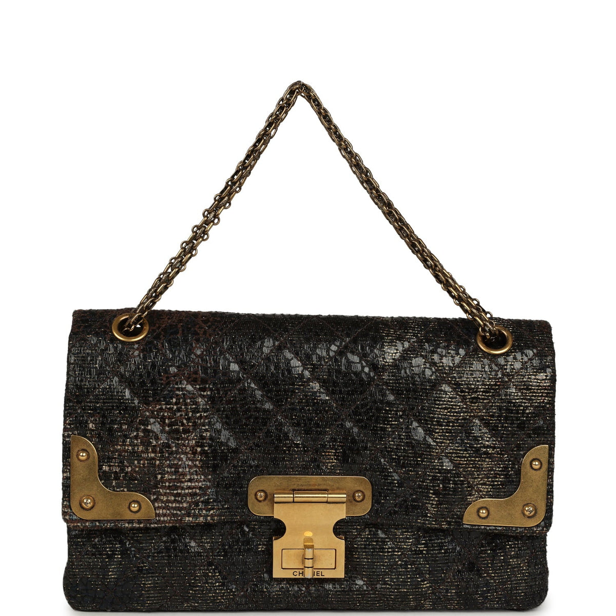 Pre-owned Chanel Medium Paris-Shanghai Reissue 226 2.55 Double Flap Bag Gold Glazed Tweed Antique Gold Hardware