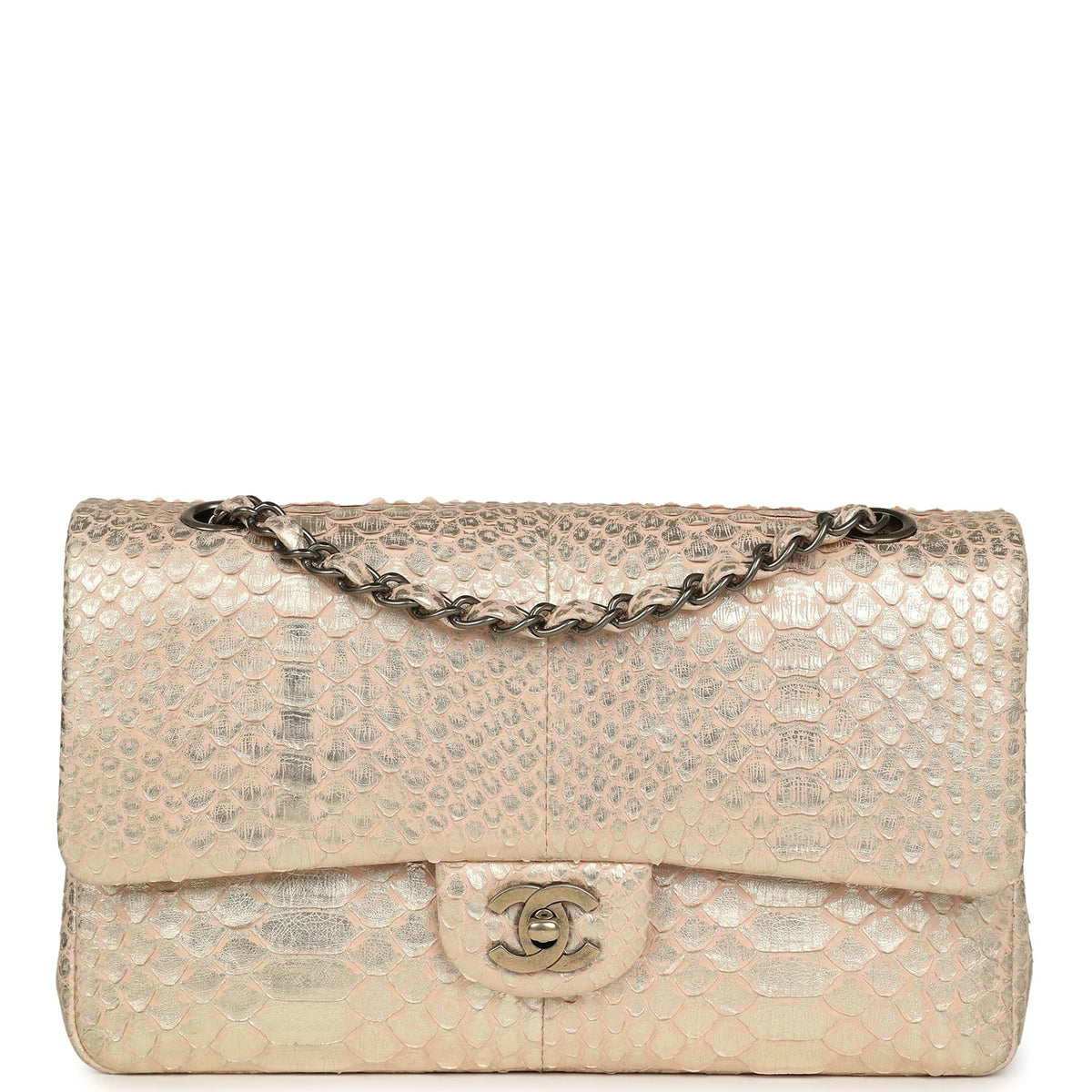 Pre-owned Chanel Medium Classic Double Flap Bag Blush Pink, Silver Python Aged Bronze Hardware