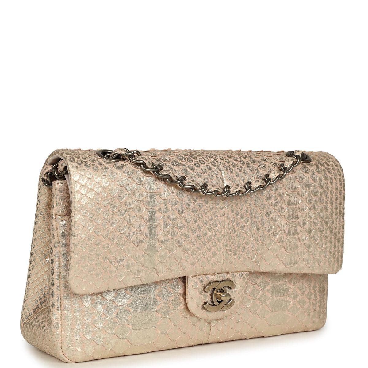 Pre-owned Chanel Medium Classic Double Flap Bag Blush Pink, Silver Python Aged Bronze Hardware
