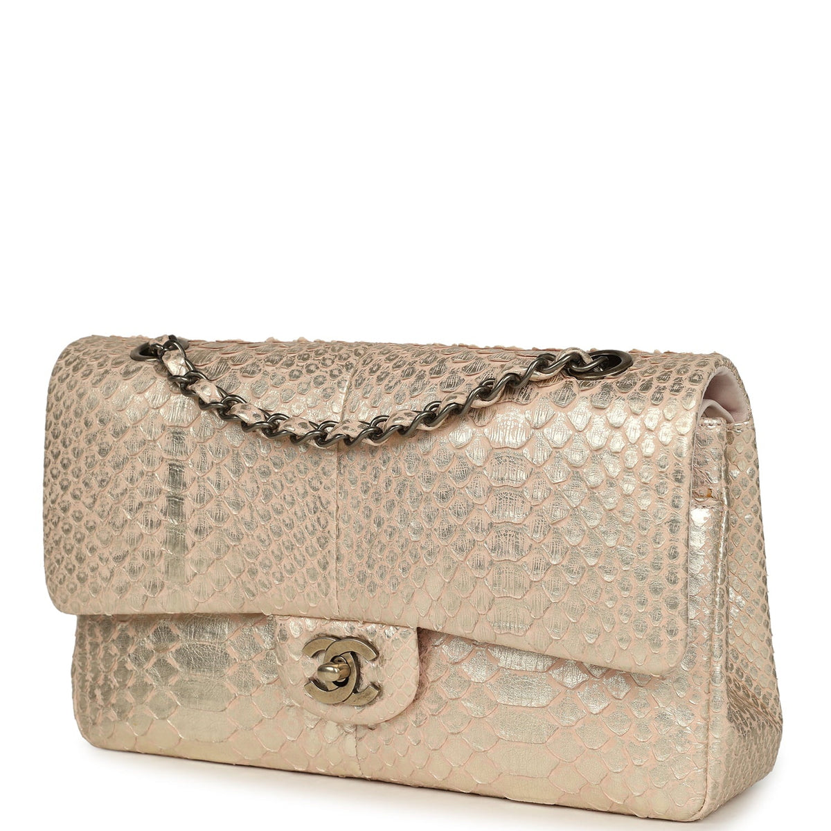 Pre-owned Chanel Medium Classic Double Flap Bag Blush Pink, Silver Python Aged Bronze Hardware