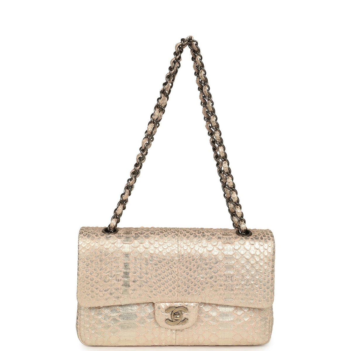 Pre-owned Chanel Medium Classic Double Flap Bag Blush Pink, Silver Python Aged Bronze Hardware