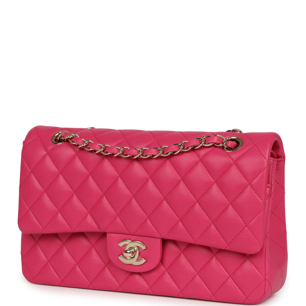 Chanel Medium Classic Double Flap Bag Dark Pink Lambskin Light Gold Hardware