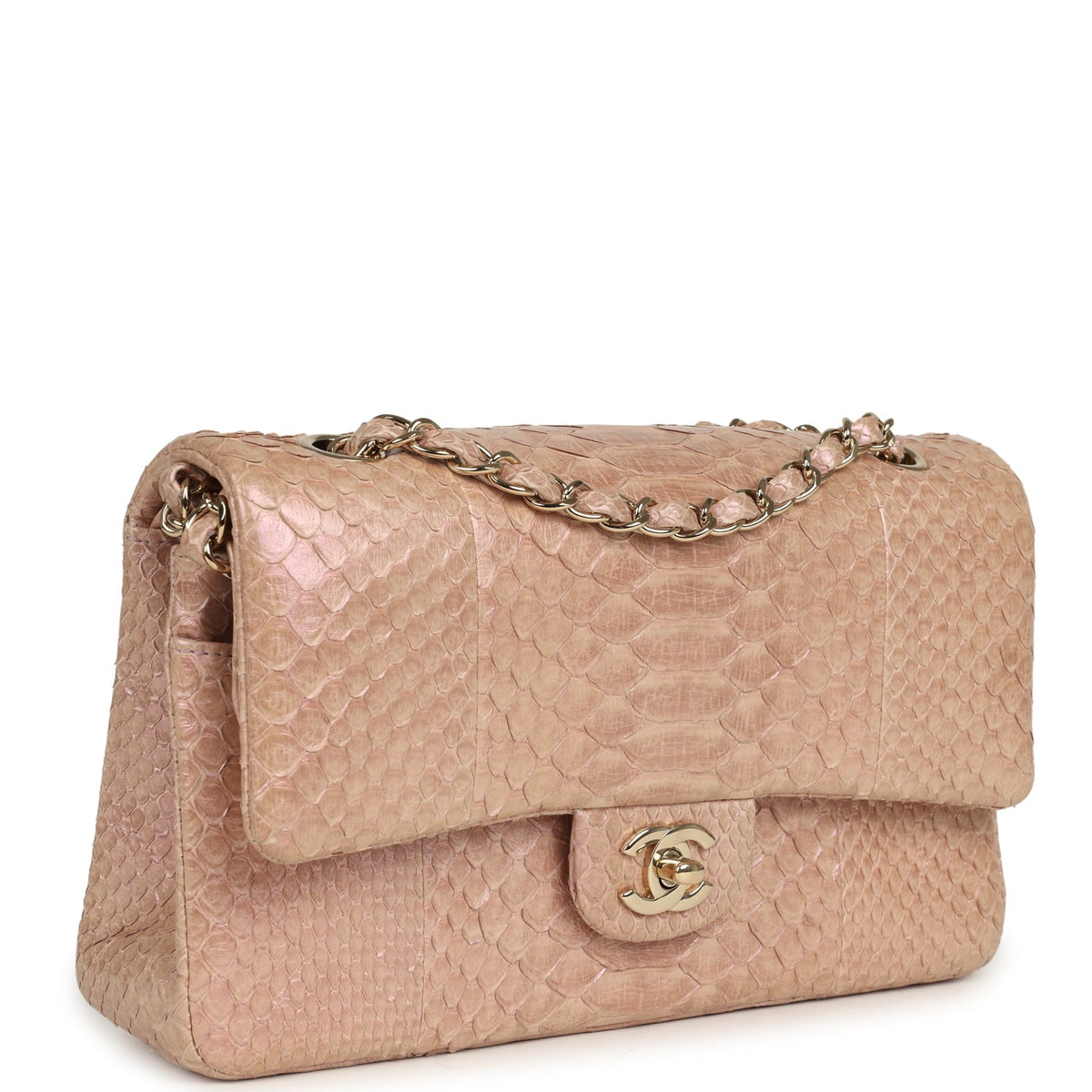 Pre-owned Chanel Medium Classic Double Flap Bag Iridescent Pink Python Light Gold Hardware