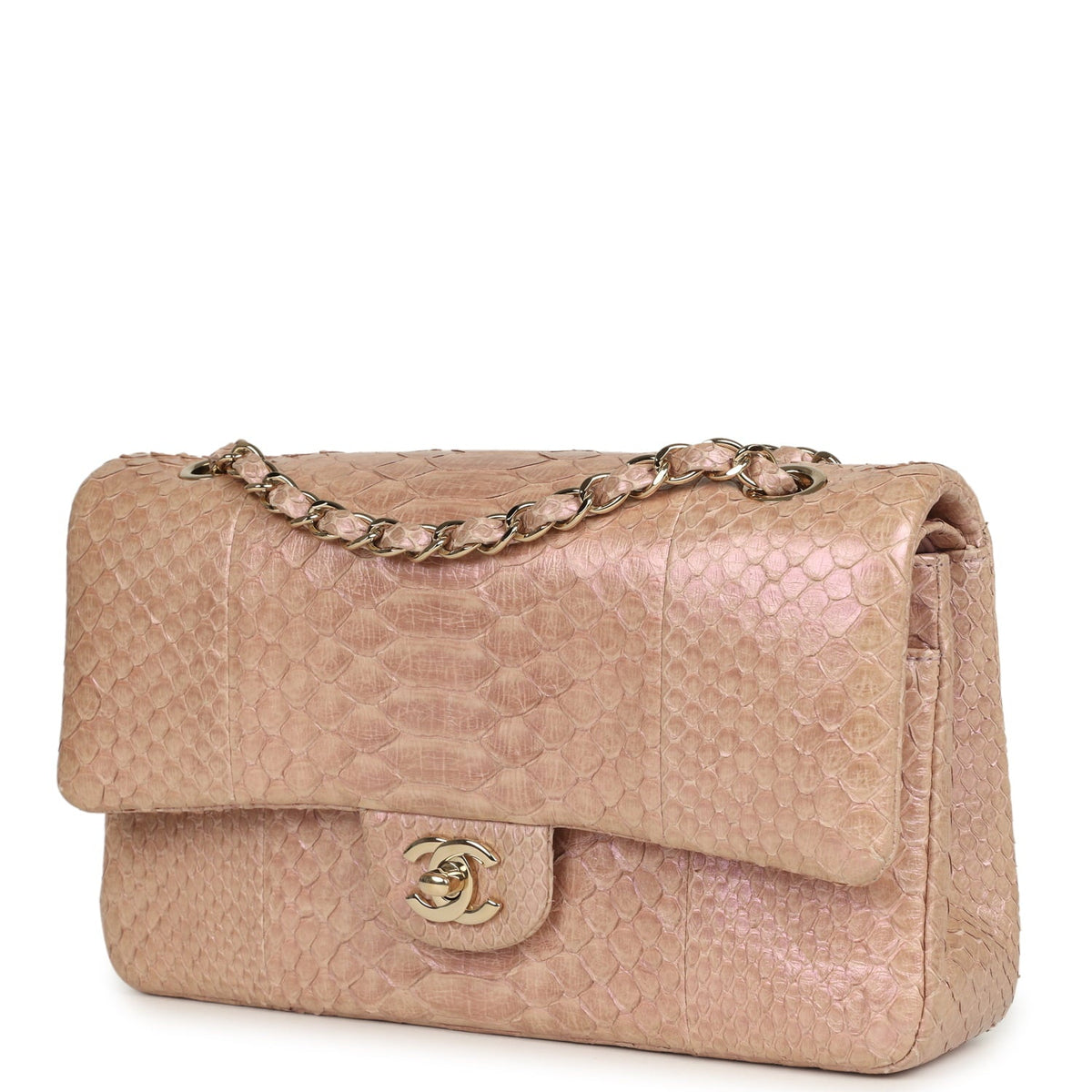 Pre-owned Chanel Medium Classic Double Flap Bag Iridescent Pink Python Light Gold Hardware