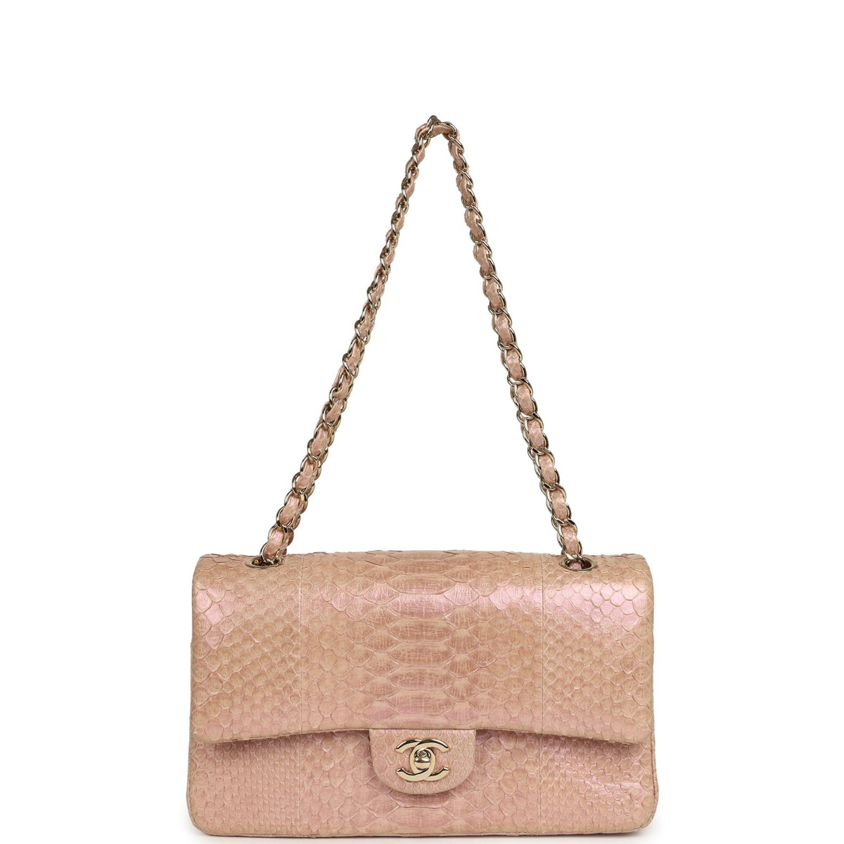 Pre-owned Chanel Medium Classic Double Flap Bag Iridescent Pink Python Light Gold Hardware