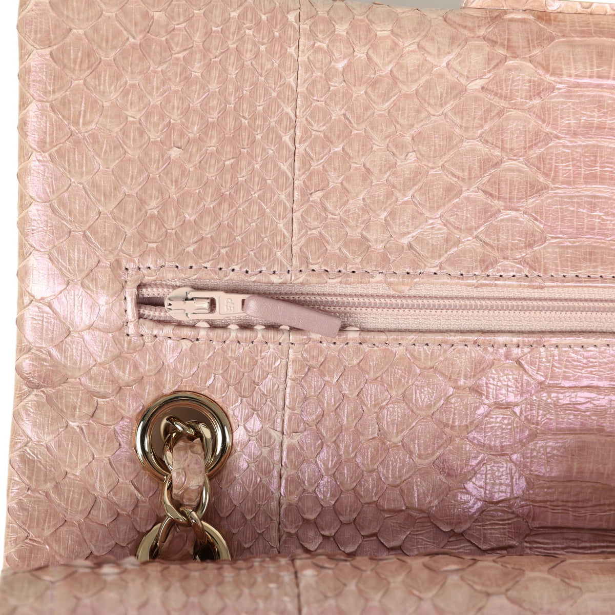 Pre-owned Chanel Medium Classic Double Flap Bag Iridescent Pink Python Light Gold Hardware