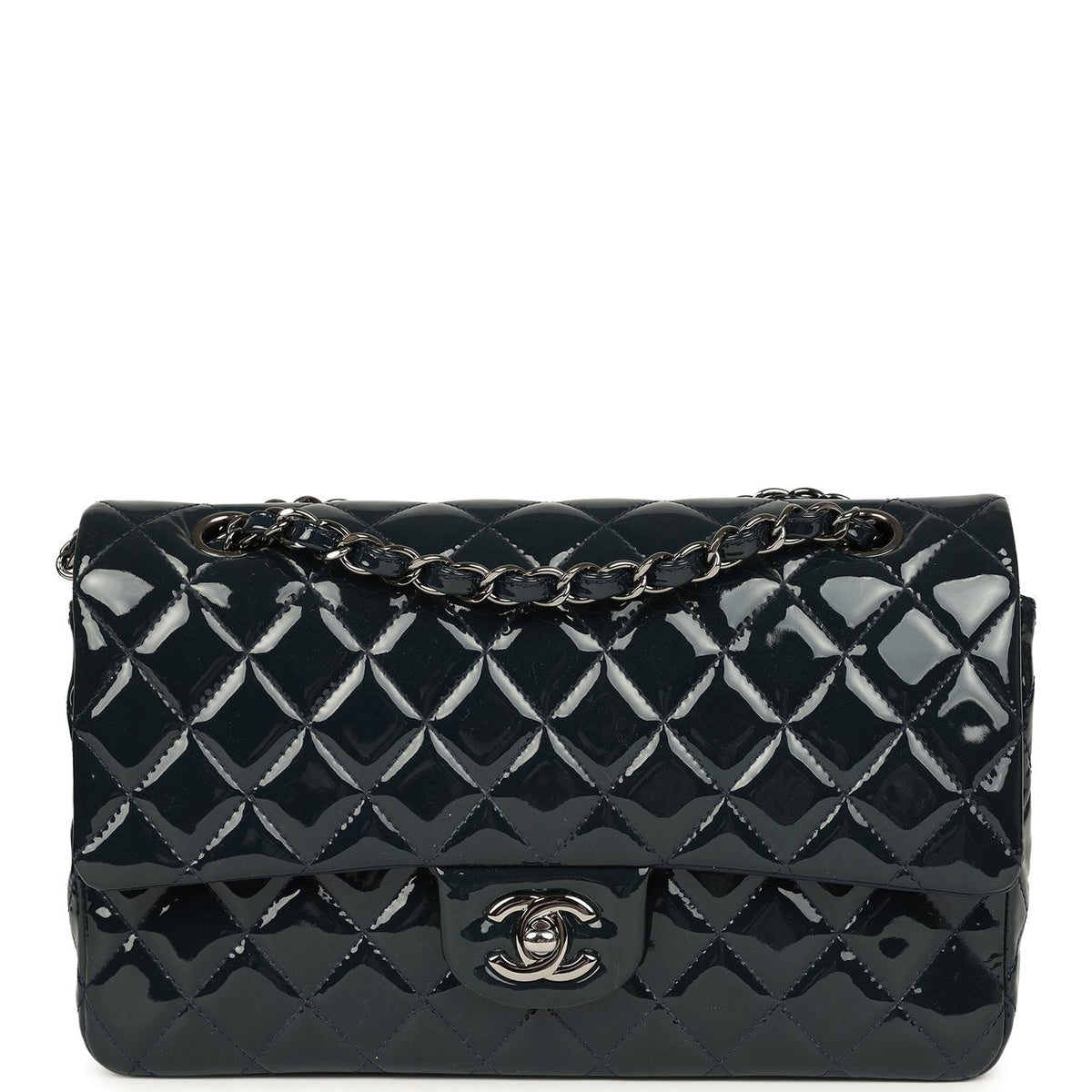 Pre-owned Chanel Medium Classic Double Flap Bag Navy Blue Patent Ruthenium Hardware