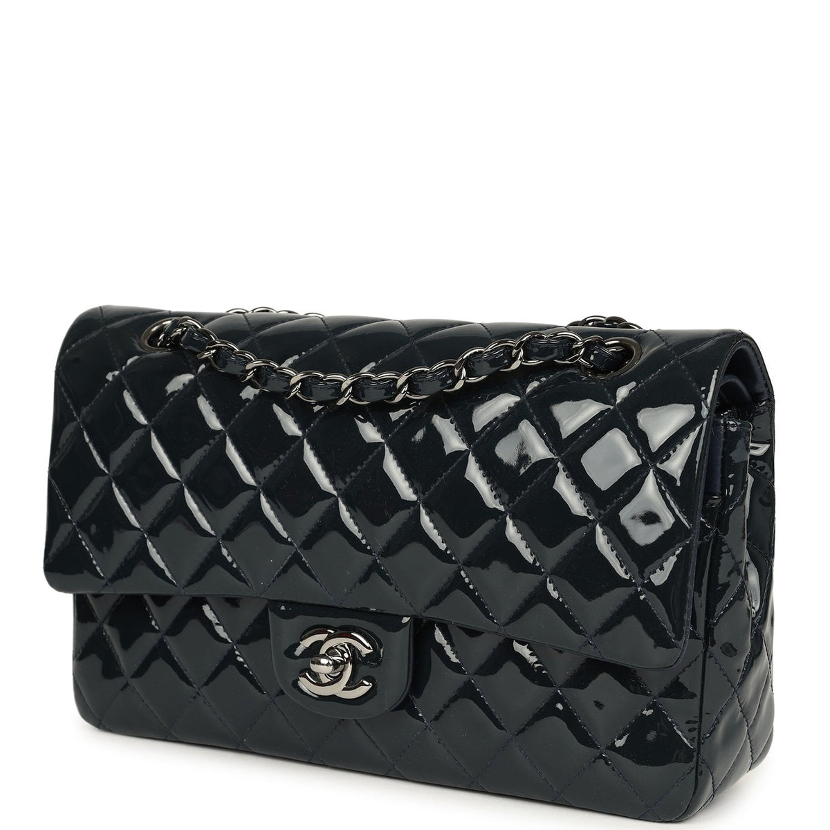 Pre-owned Chanel Medium Classic Double Flap Bag Navy Blue Patent Ruthenium Hardware