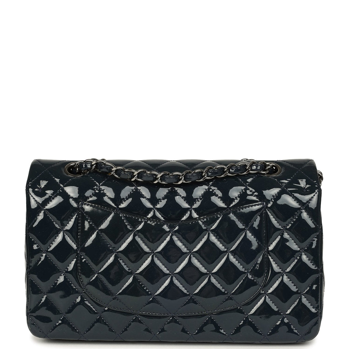 Pre-owned Chanel Medium Classic Double Flap Bag Navy Blue Patent Ruthenium Hardware