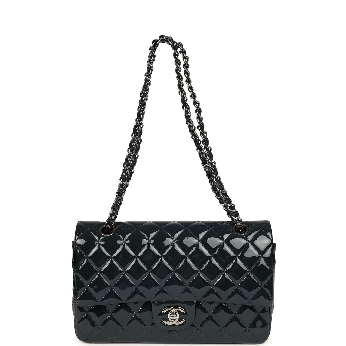 Pre-owned Chanel Medium Classic Double Flap Bag Navy Blue Patent Ruthenium Hardware