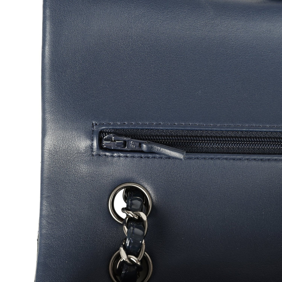 Pre-owned Chanel Medium Classic Double Flap Bag Navy Blue Patent Ruthenium Hardware