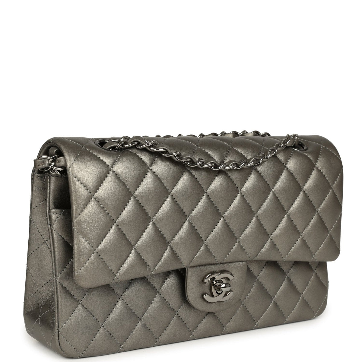 Pre-owned Chanel Medium Classic Double Flap Bag Dark Silver Lambskin Ruthenium Hardware