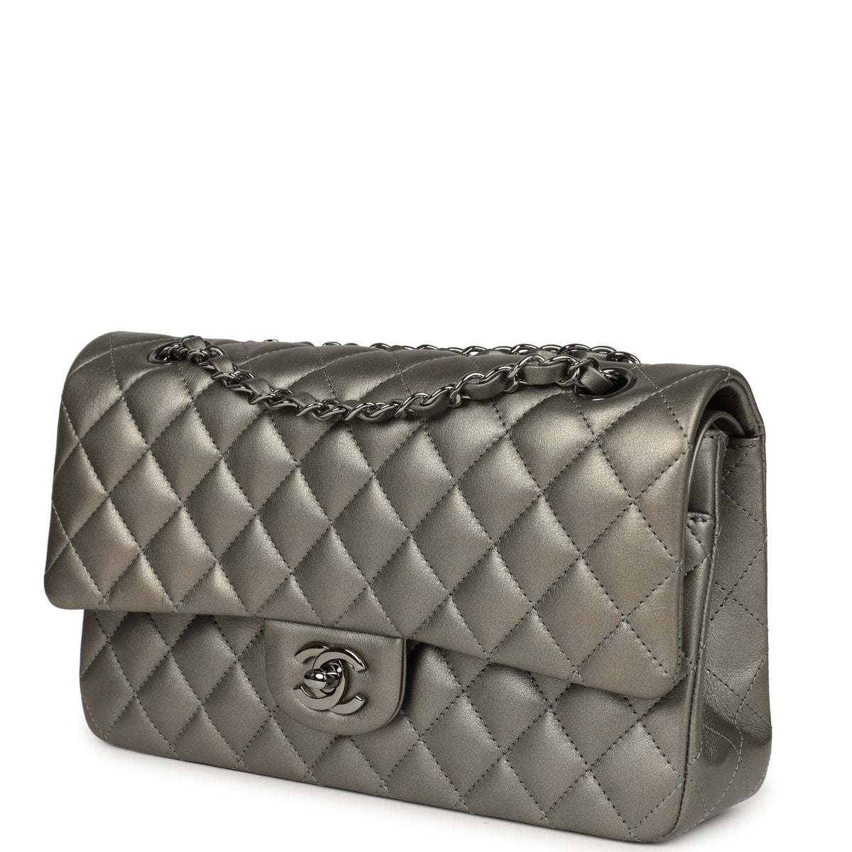 Pre-owned Chanel Medium Classic Double Flap Bag Dark Silver Lambskin Ruthenium Hardware