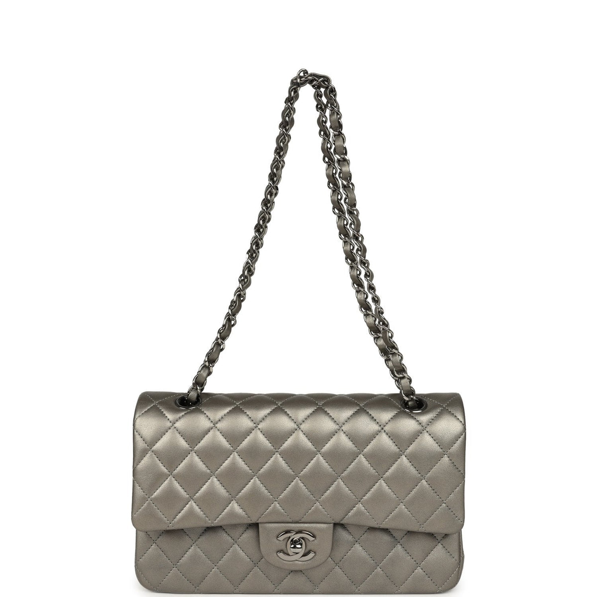Pre-owned Chanel Medium Classic Double Flap Bag Dark Silver Lambskin Ruthenium Hardware