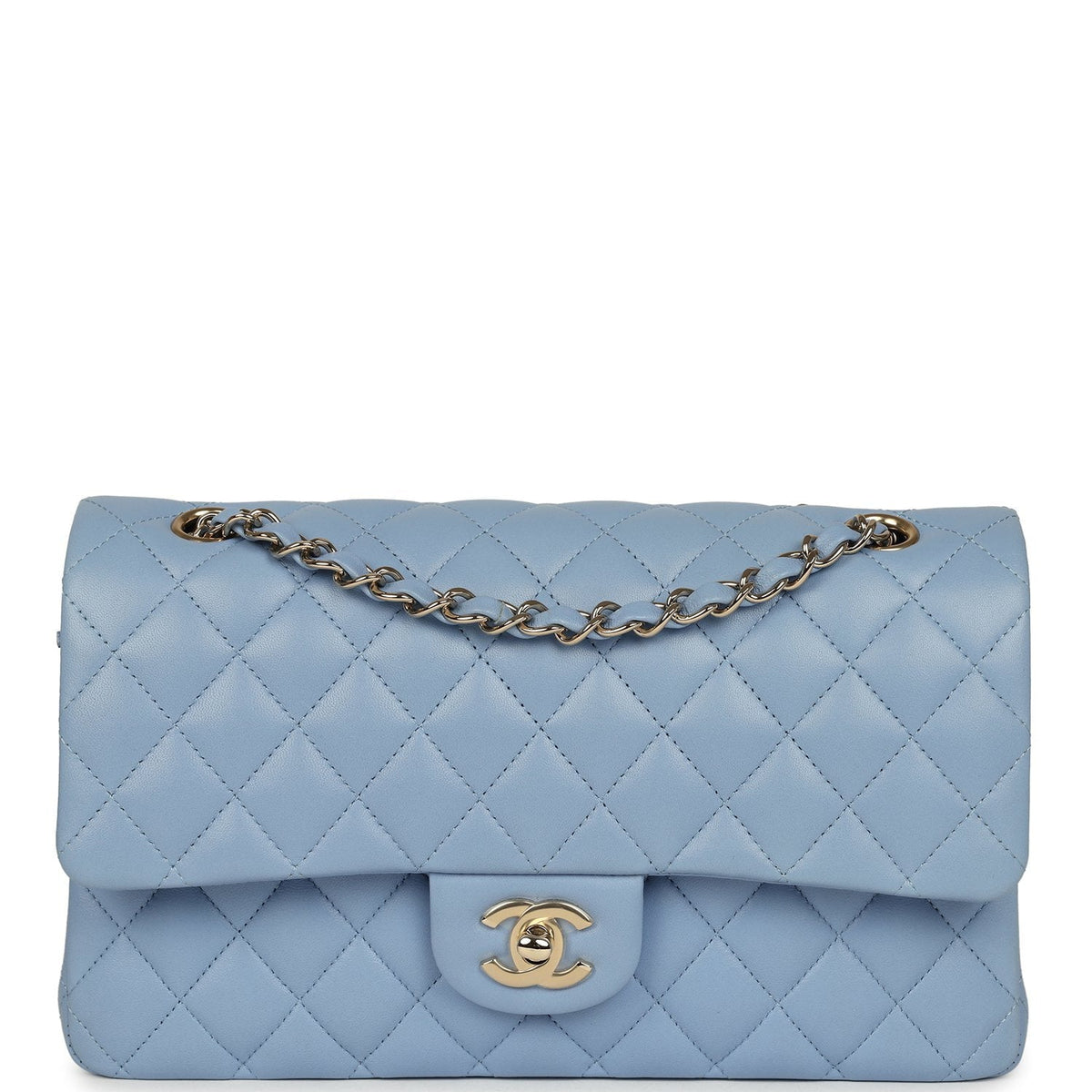 Chanel Medium Classic Double Flap Bag Light Blue Lambskin Light Gold Hardware