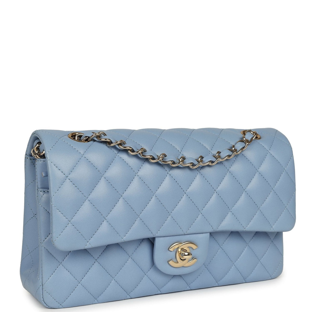 Chanel Medium Classic Double Flap Bag Light Blue Lambskin Light Gold Hardware