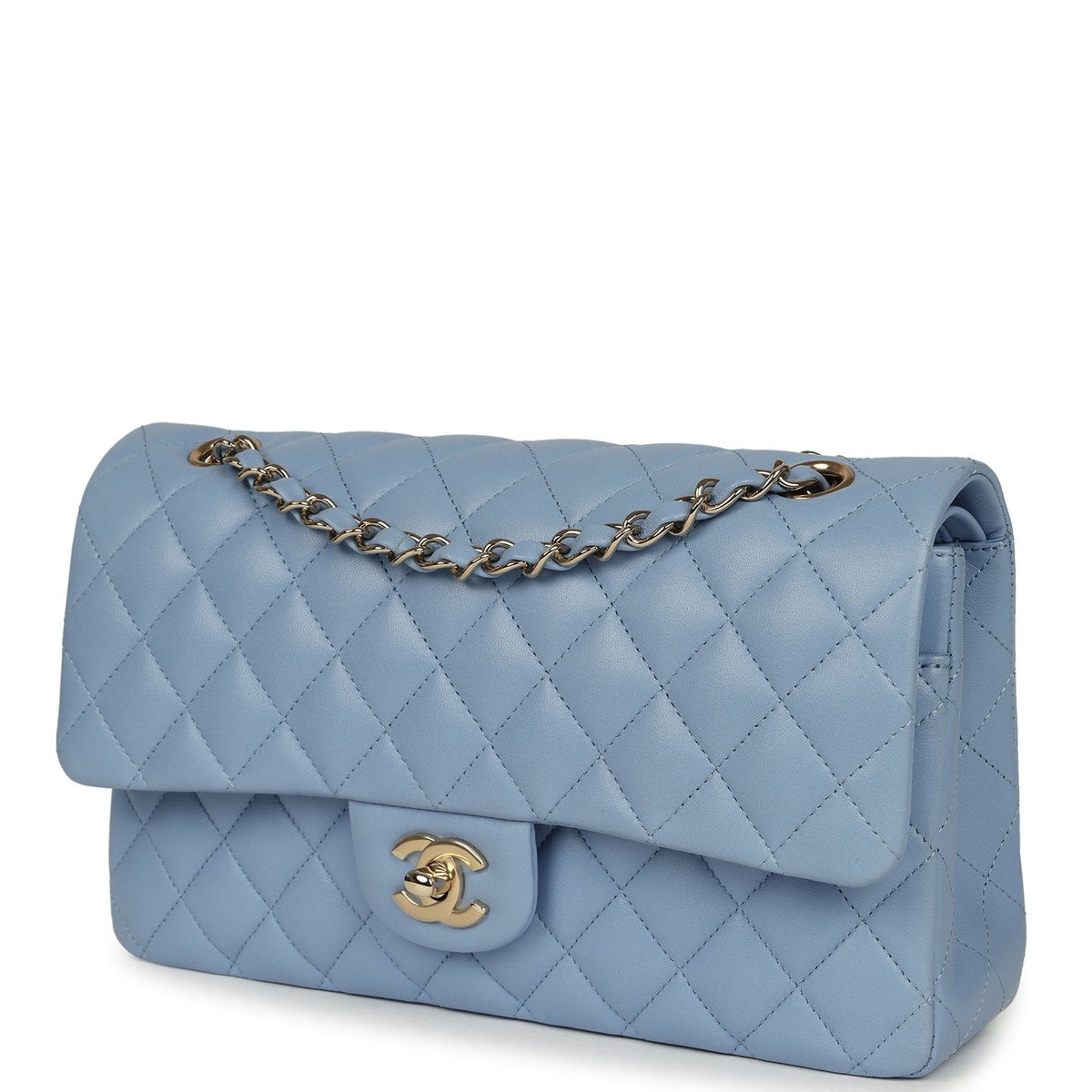 Chanel Medium Classic Double Flap Bag Light Blue Lambskin Light Gold Hardware