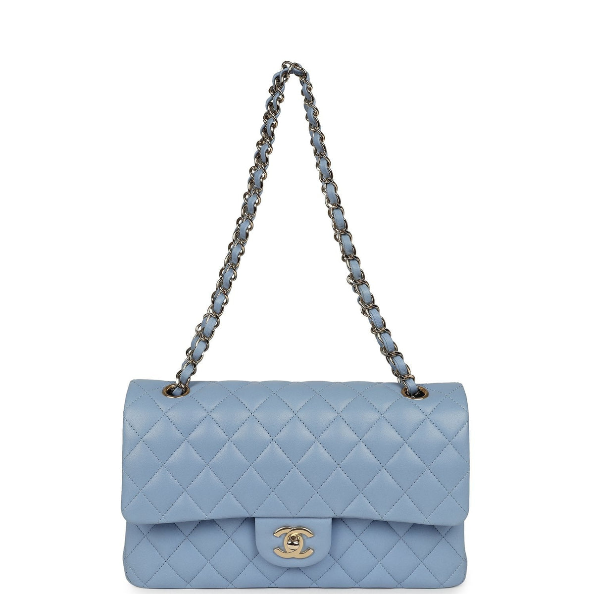 Chanel Medium Classic Double Flap Bag Light Blue Lambskin Light Gold Hardware