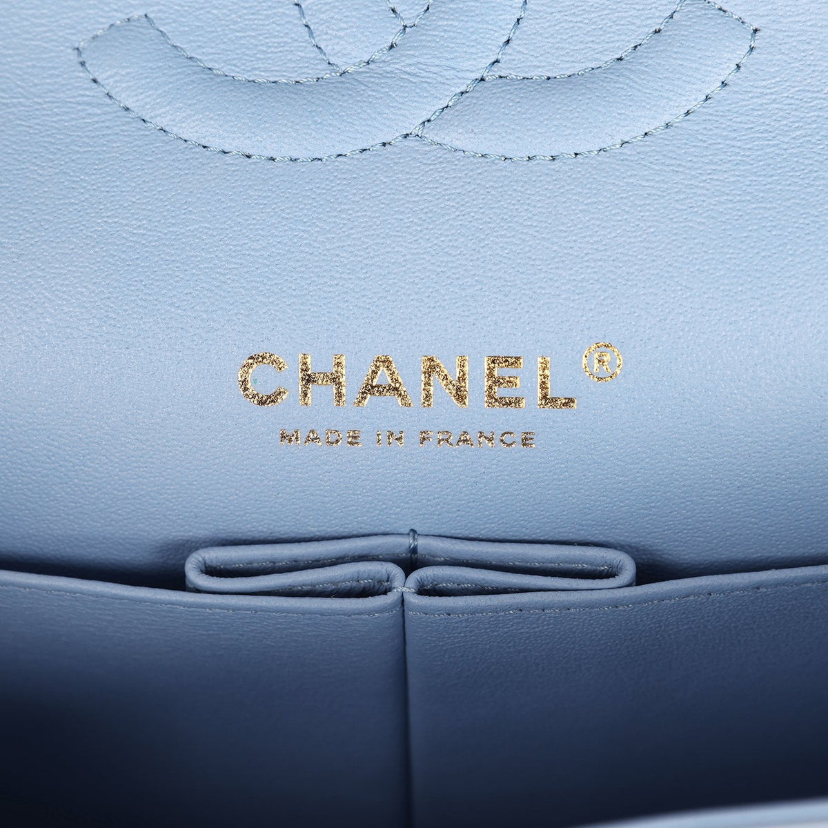 Chanel Medium Classic Double Flap Bag Light Blue Lambskin Light Gold Hardware