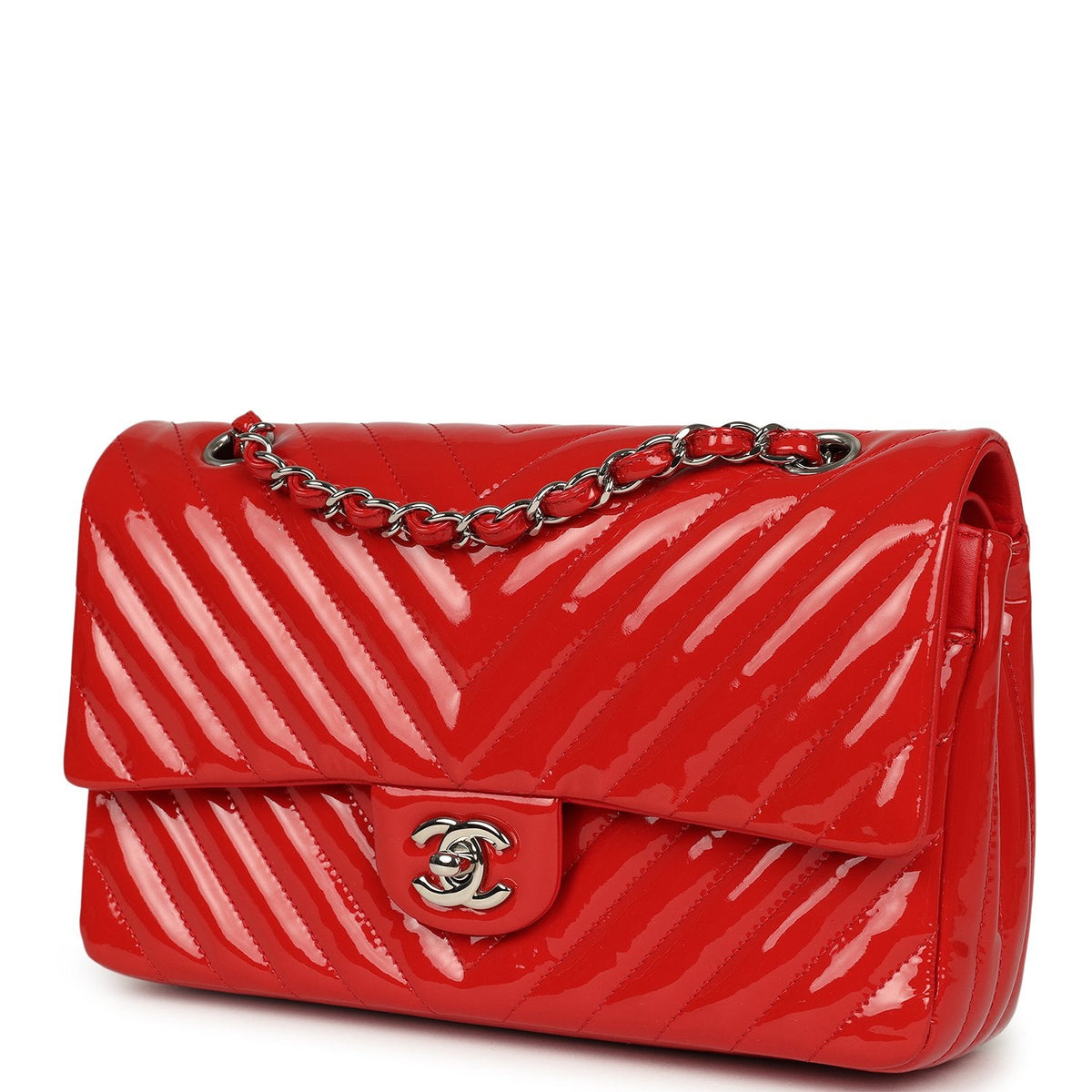 Pre-owned Chanel Medium Chevron Classic Double Flap Bag Red Patent Leather Silver Hardware