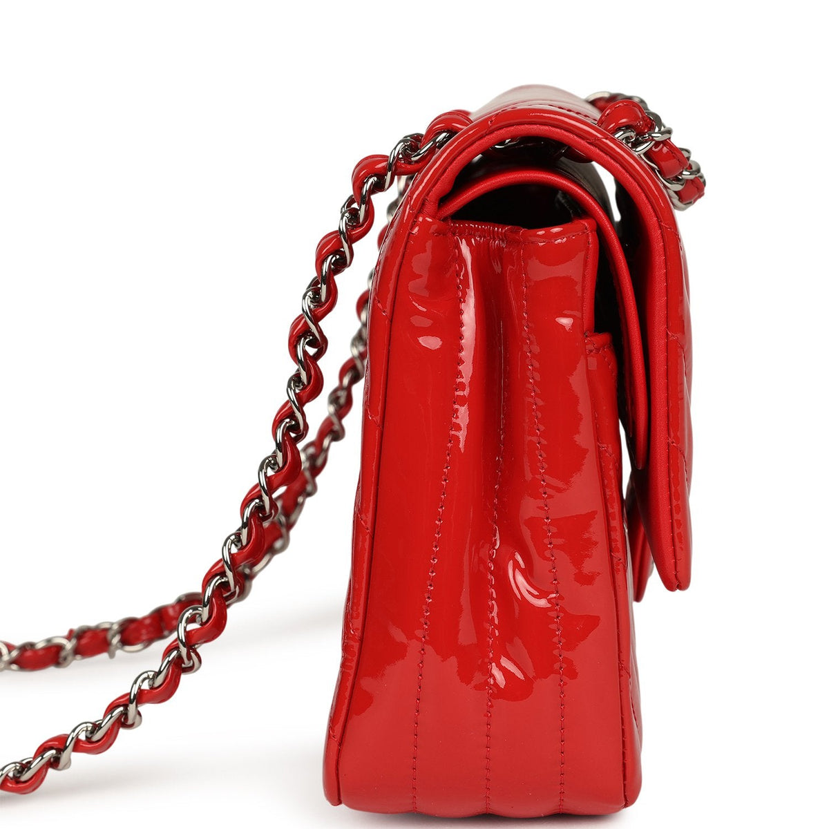 Pre-owned Chanel Medium Chevron Classic Double Flap Bag Red Patent Leather Silver Hardware