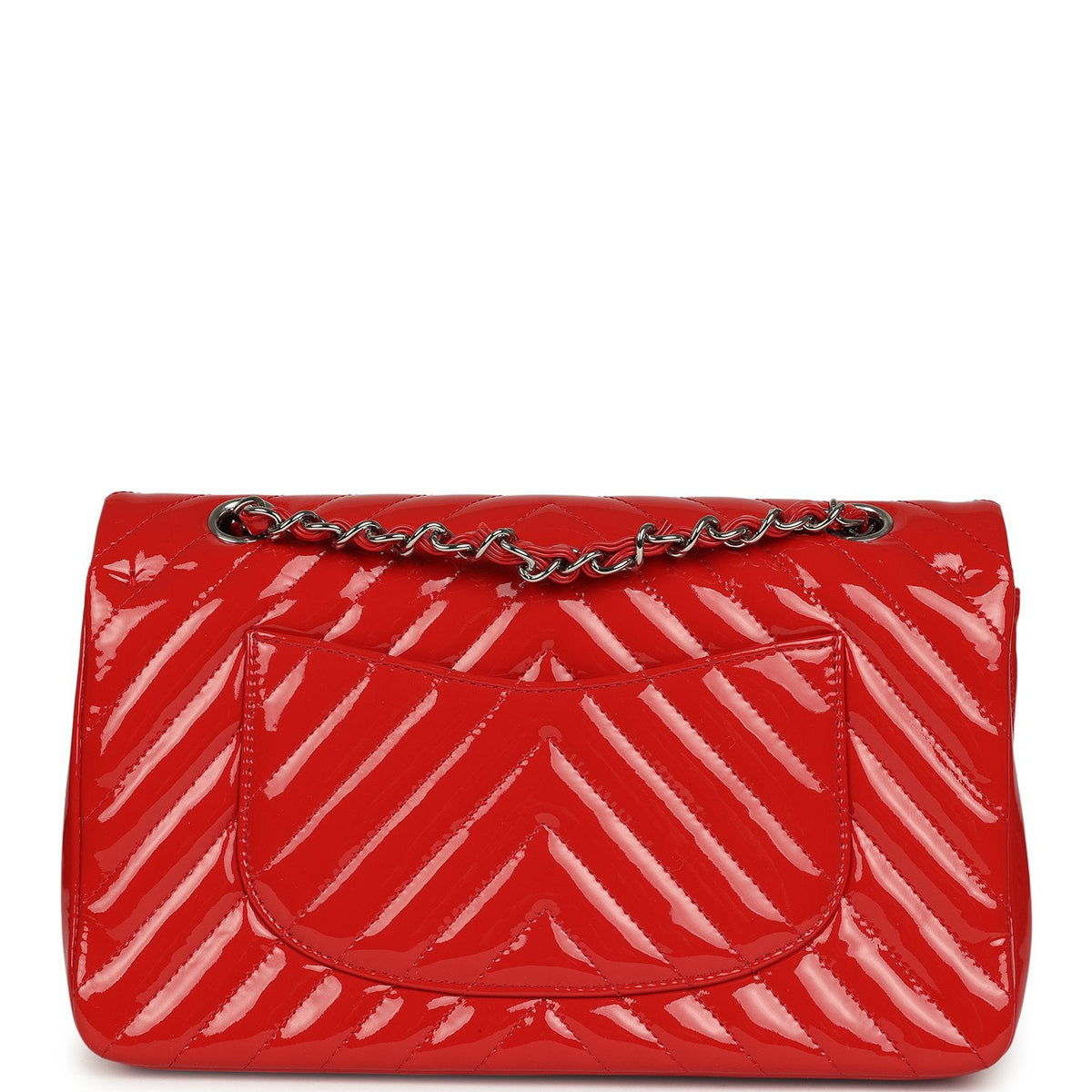 Pre-owned Chanel Medium Chevron Classic Double Flap Bag Red Patent Leather Silver Hardware