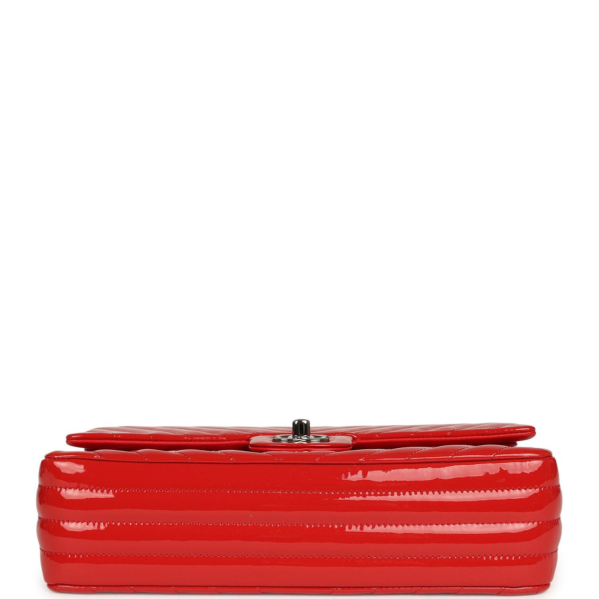 Pre-owned Chanel Medium Chevron Classic Double Flap Bag Red Patent Leather Silver Hardware