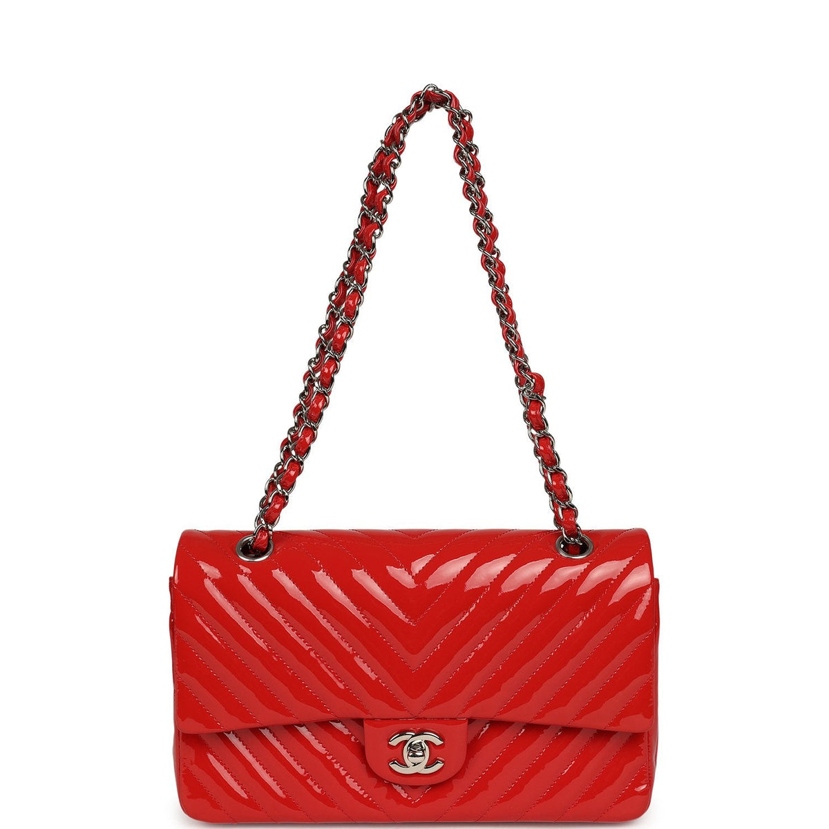 Pre-owned Chanel Medium Chevron Classic Double Flap Bag Red Patent Leather Silver Hardware