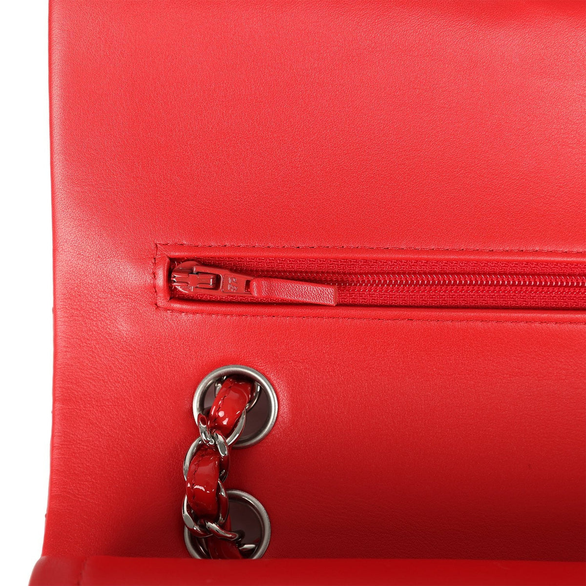 Pre-owned Chanel Medium Chevron Classic Double Flap Bag Red Patent Leather Silver Hardware