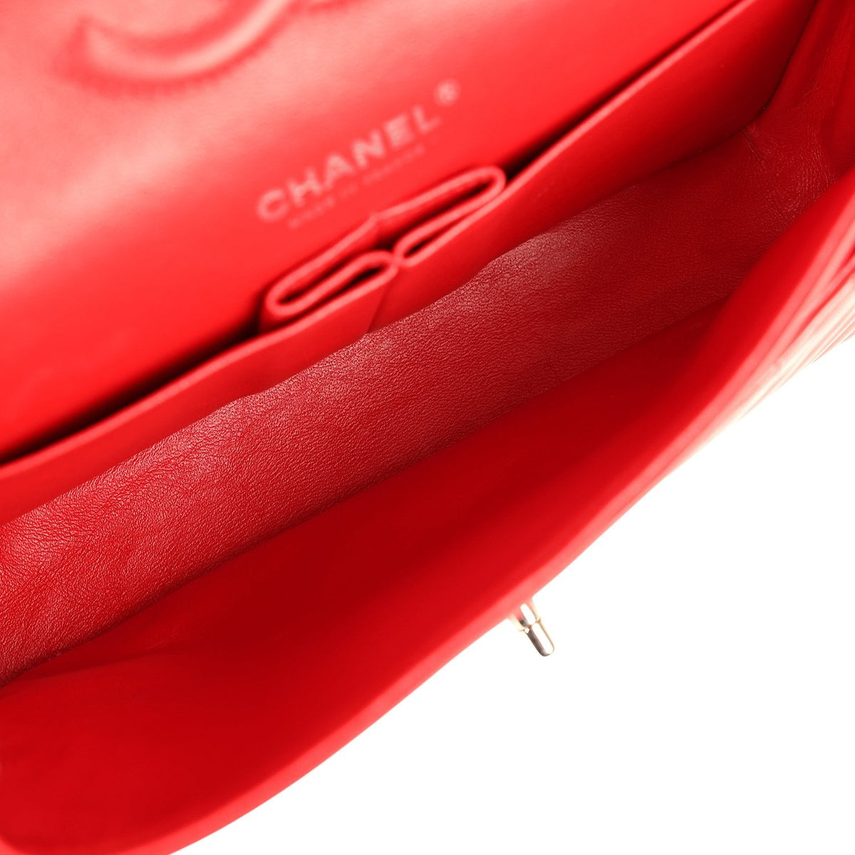 Pre-owned Chanel Medium Chevron Classic Double Flap Bag Red Patent Leather Silver Hardware