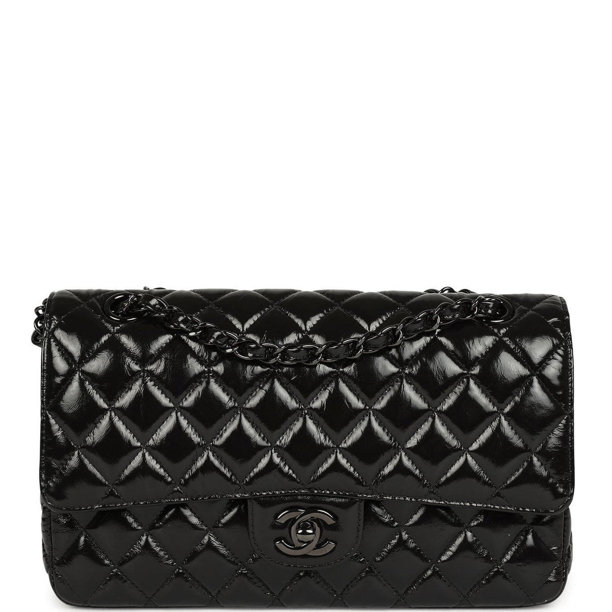 Chanel Medium Classic Double Flap Bag So Black Shiny Aged Calfskin Black Hardware