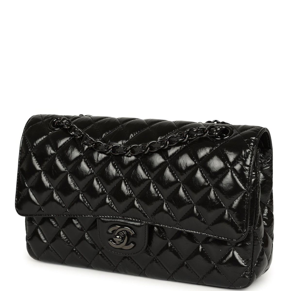 Chanel Medium Classic Double Flap Bag So Black Shiny Aged Calfskin Black Hardware