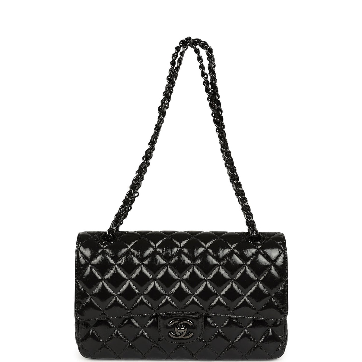 Chanel Medium Classic Double Flap Bag So Black Shiny Aged Calfskin Black Hardware