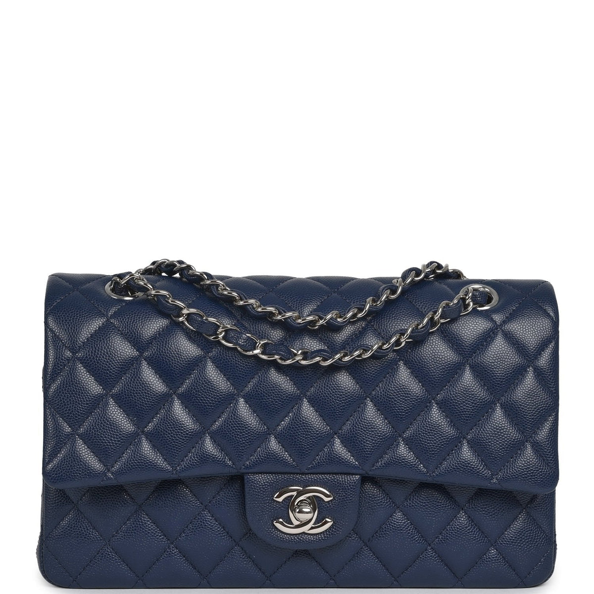 Pre-owned Chanel Medium Classic Double Flap Bag Navy Blue Caviar Silver Hardware
