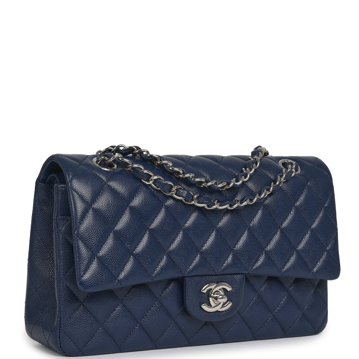 Pre-owned Chanel Medium Classic Double Flap Bag Navy Blue Caviar Silver Hardware