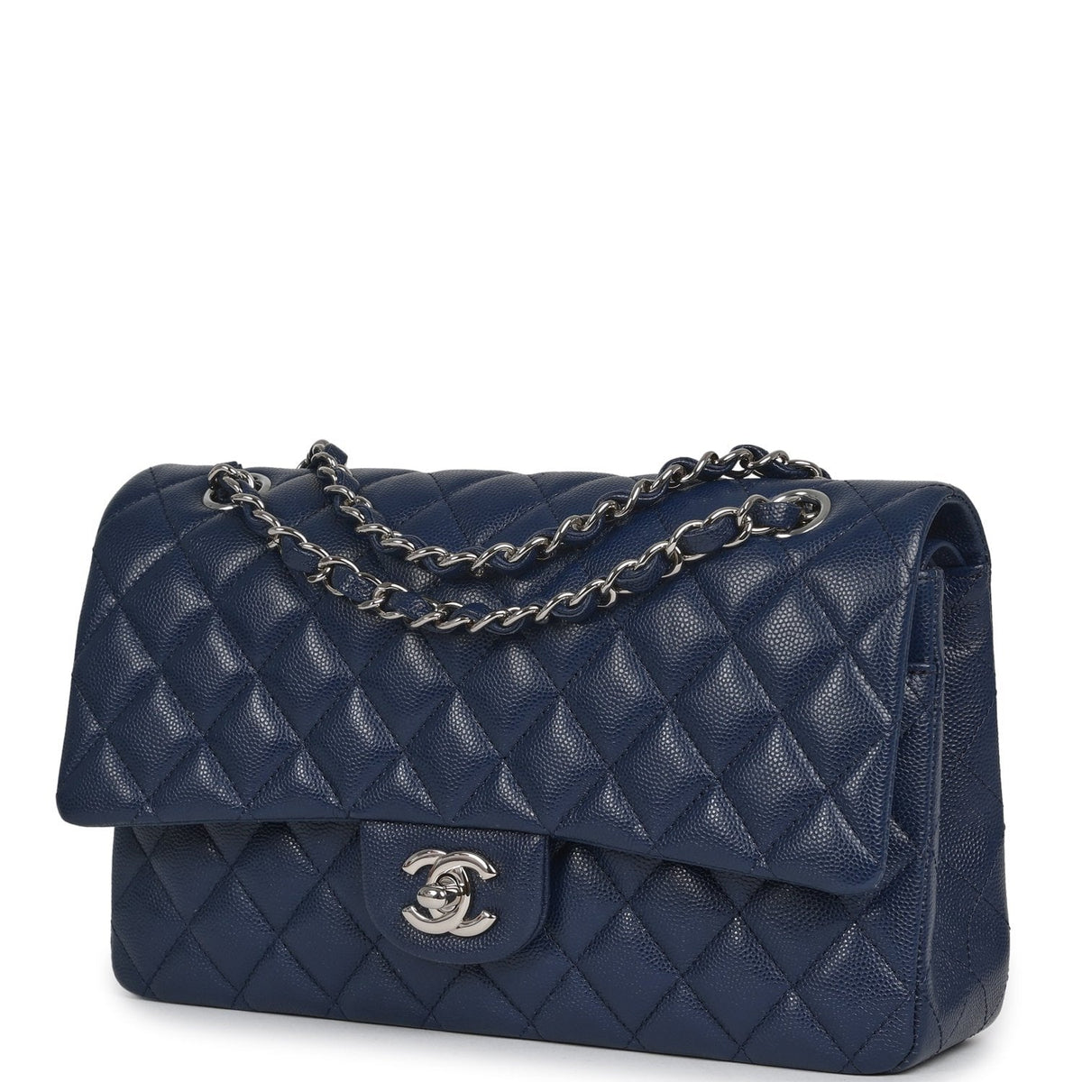 Pre-owned Chanel Medium Classic Double Flap Bag Navy Blue Caviar Silver Hardware