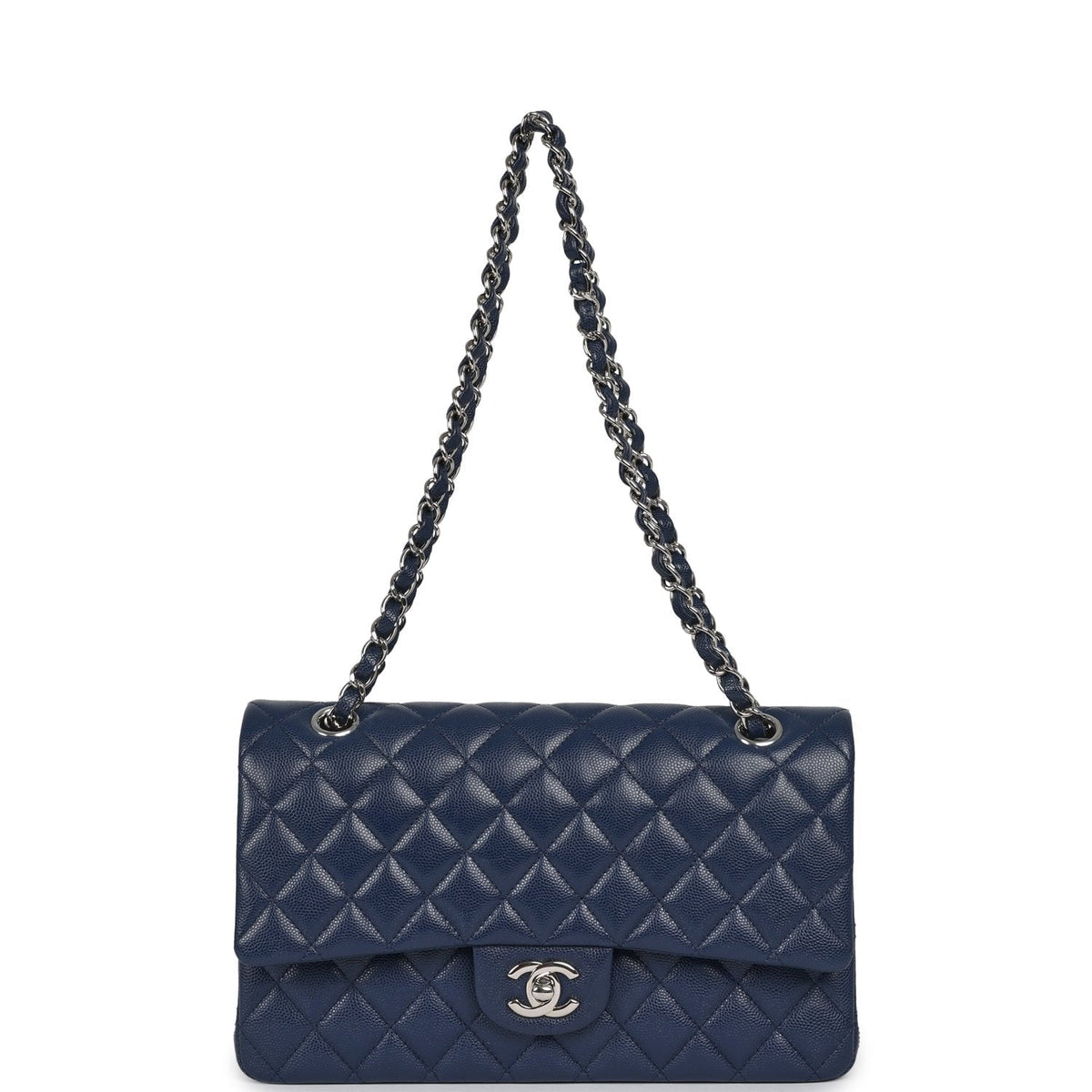 Pre-owned Chanel Medium Classic Double Flap Bag Navy Blue Caviar Silver Hardware