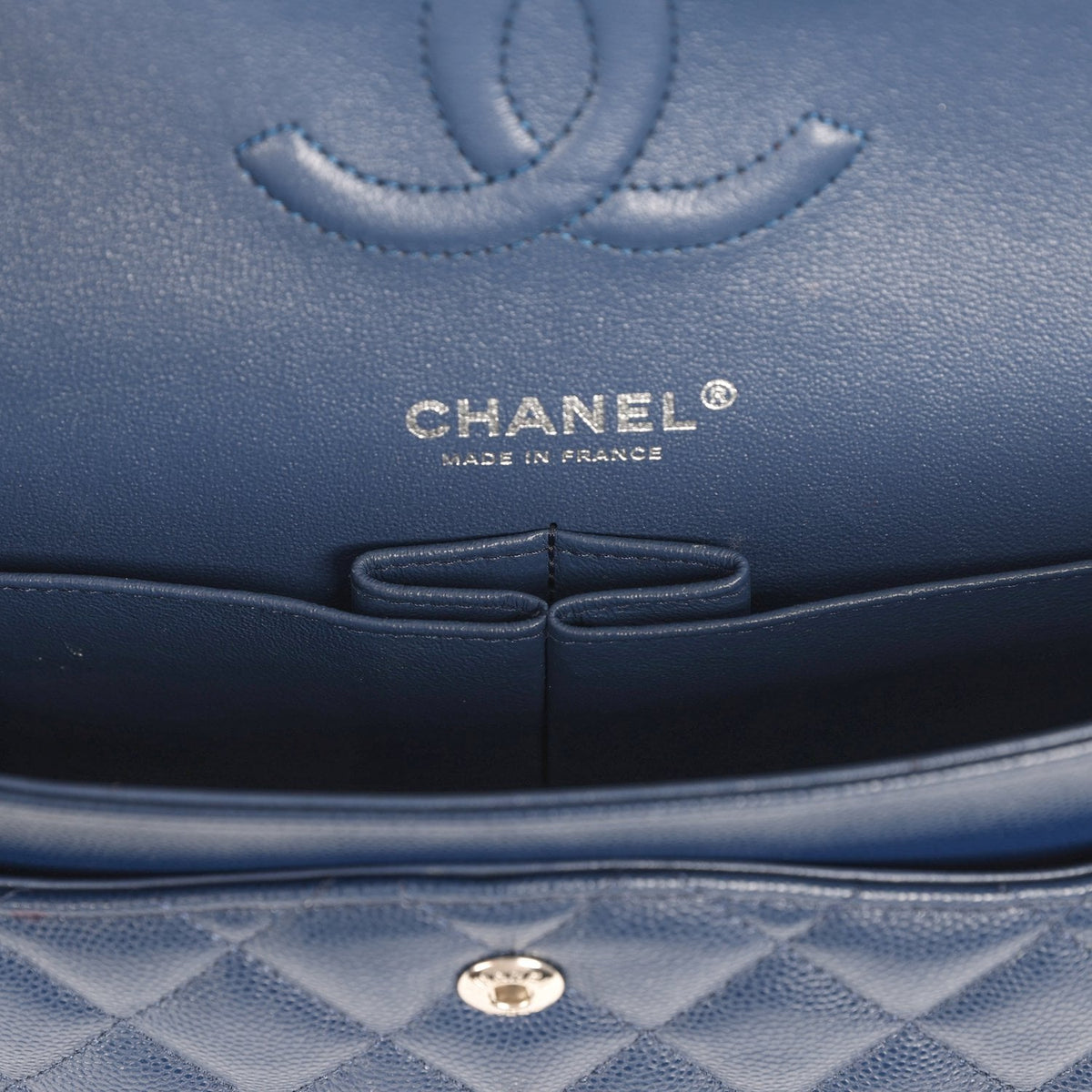 Pre-owned Chanel Medium Classic Double Flap Bag Navy Blue Caviar Silver Hardware