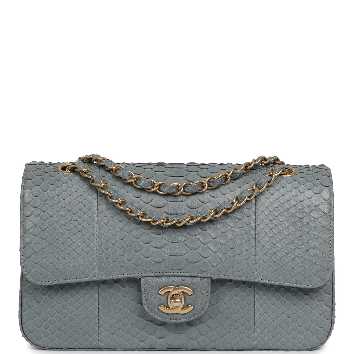 Pre-owned Chanel Medium Classic Double Flap Bag Grey Python Antique Gold Hardware