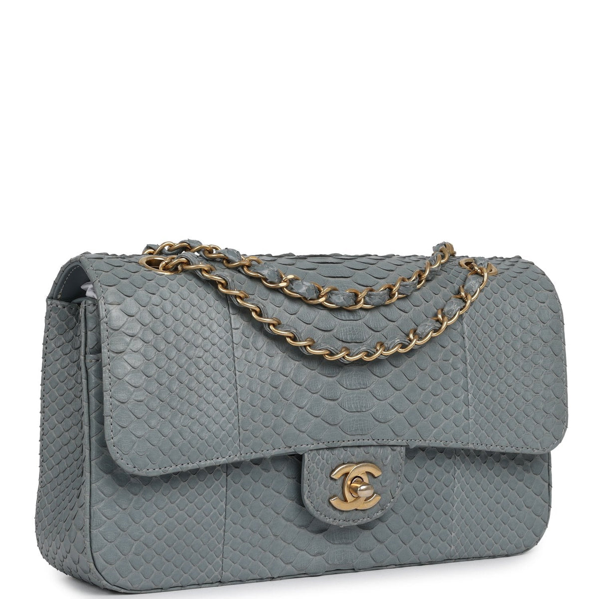 Pre-owned Chanel Medium Classic Double Flap Bag Grey Python Antique Gold Hardware