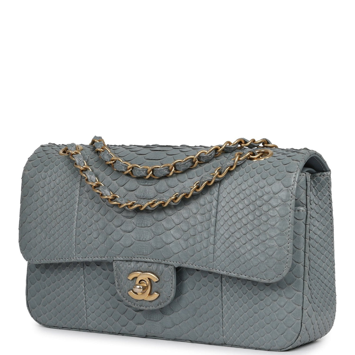 Pre-owned Chanel Medium Classic Double Flap Bag Grey Python Antique Gold Hardware