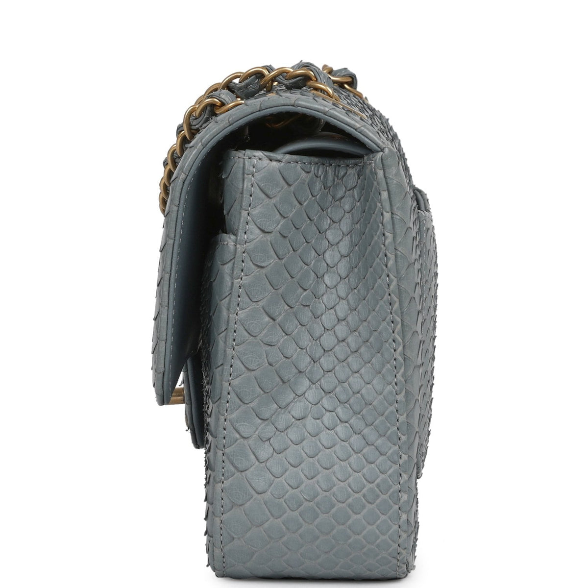 Pre-owned Chanel Medium Classic Double Flap Bag Grey Python Antique Gold Hardware