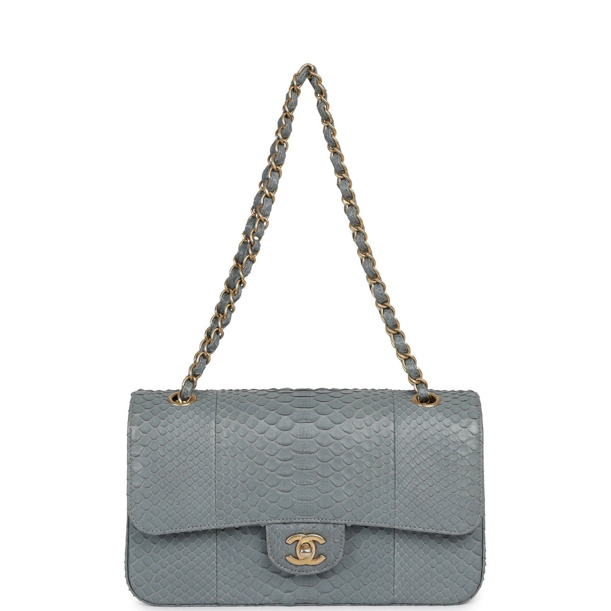 Pre-owned Chanel Medium Classic Double Flap Bag Grey Python Antique Gold Hardware