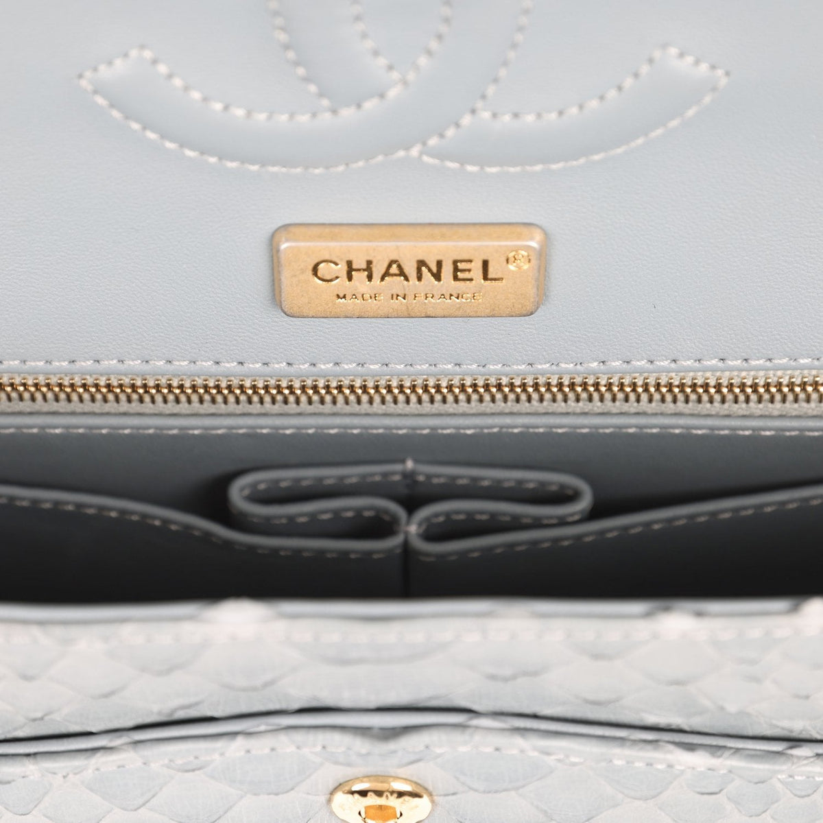 Pre-owned Chanel Medium Classic Double Flap Bag Grey Python Antique Gold Hardware