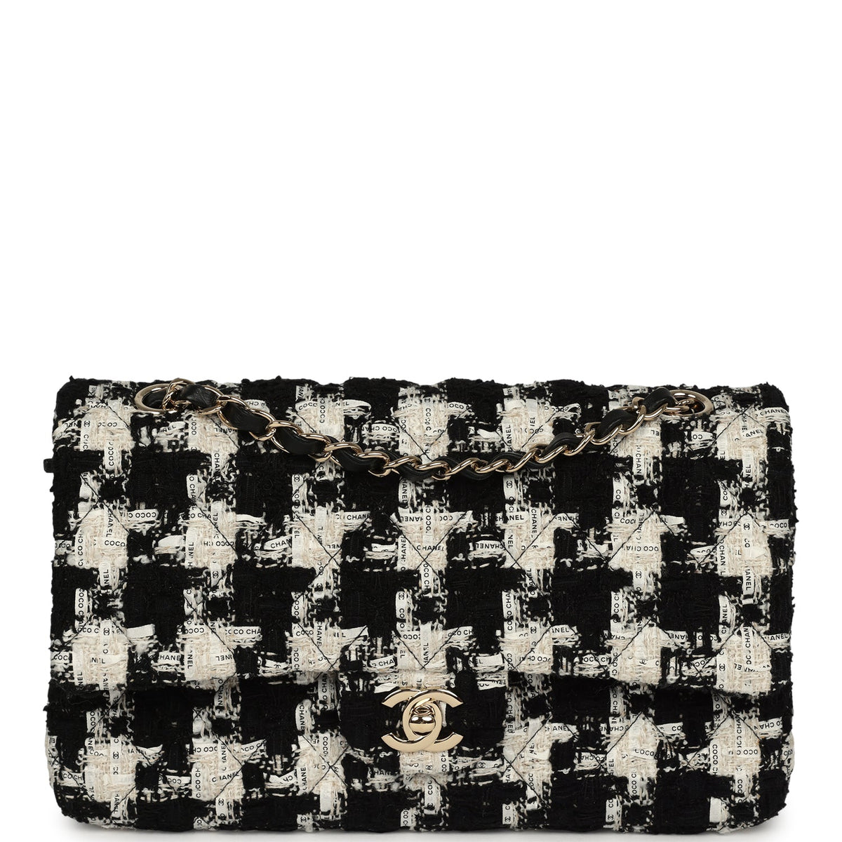 Pre-owned Chanel Medium Classic Double Flap Bag Black, White, Tweed Light Gold Hardware