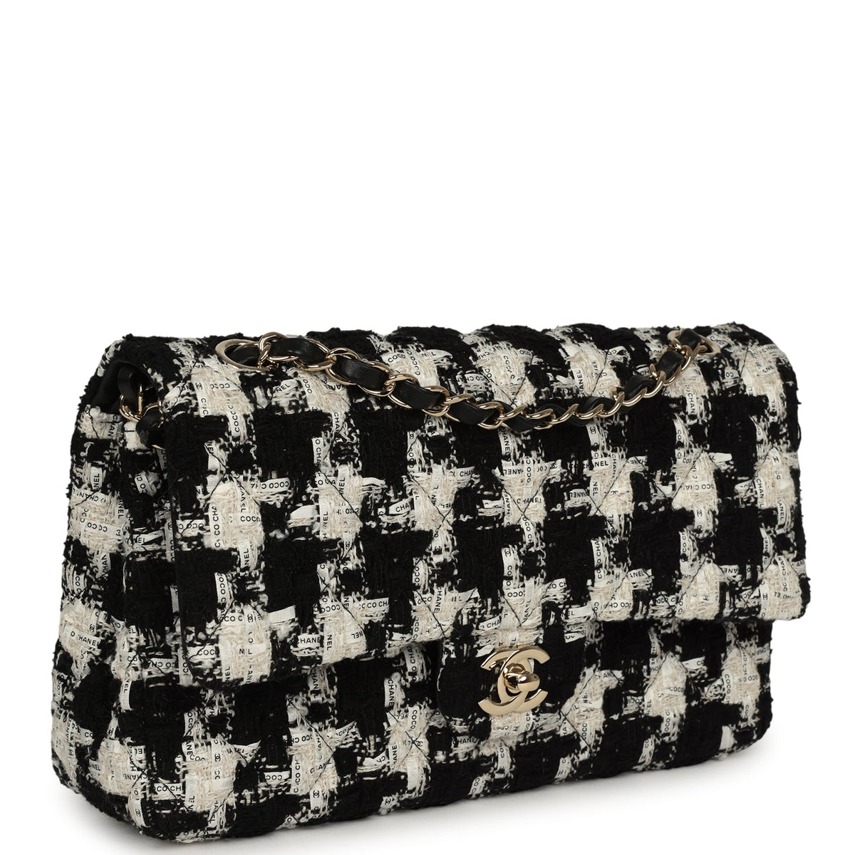 Pre-owned Chanel Medium Classic Double Flap Bag Black, White, Tweed Light Gold Hardware