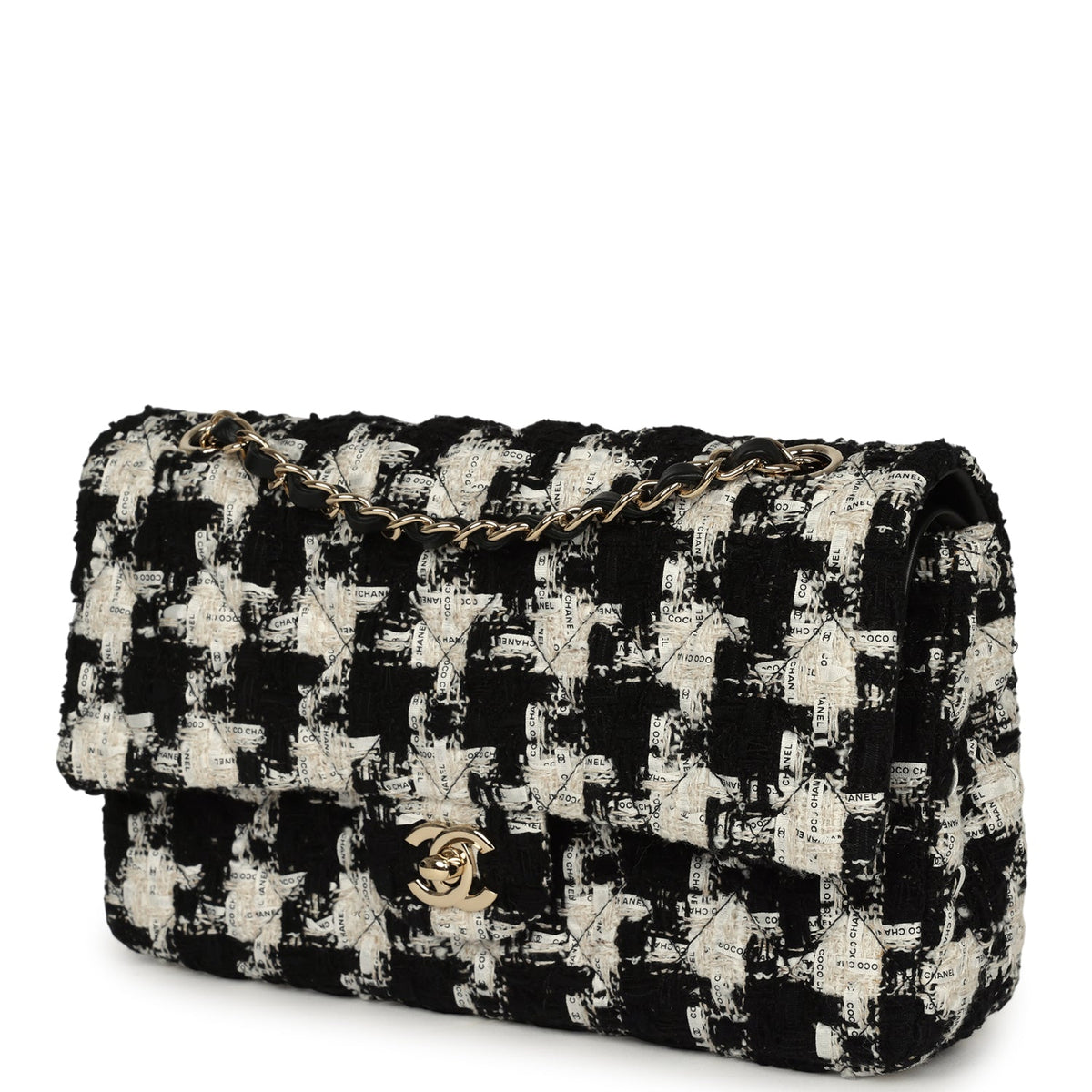 Pre-owned Chanel Medium Classic Double Flap Bag Black, White, Tweed Light Gold Hardware