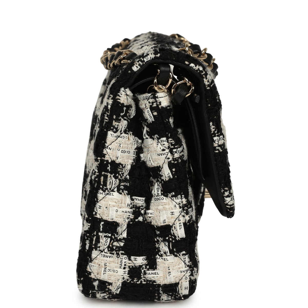 Pre-owned Chanel Medium Classic Double Flap Bag Black, White, Tweed Light Gold Hardware