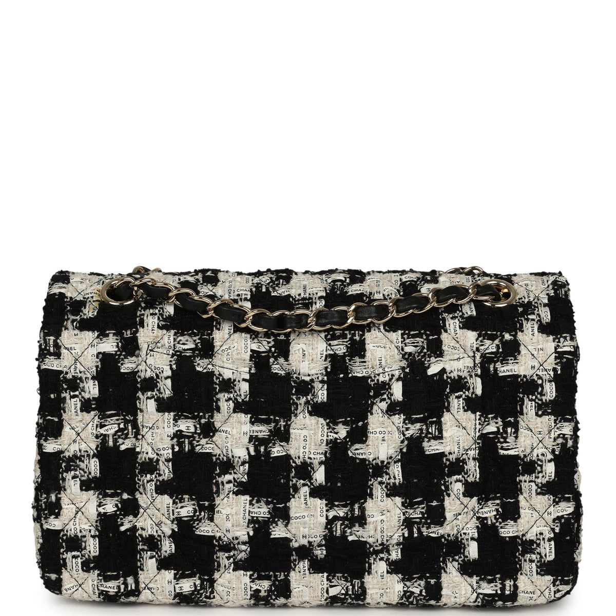 Pre-owned Chanel Medium Classic Double Flap Bag Black, White, Tweed Light Gold Hardware