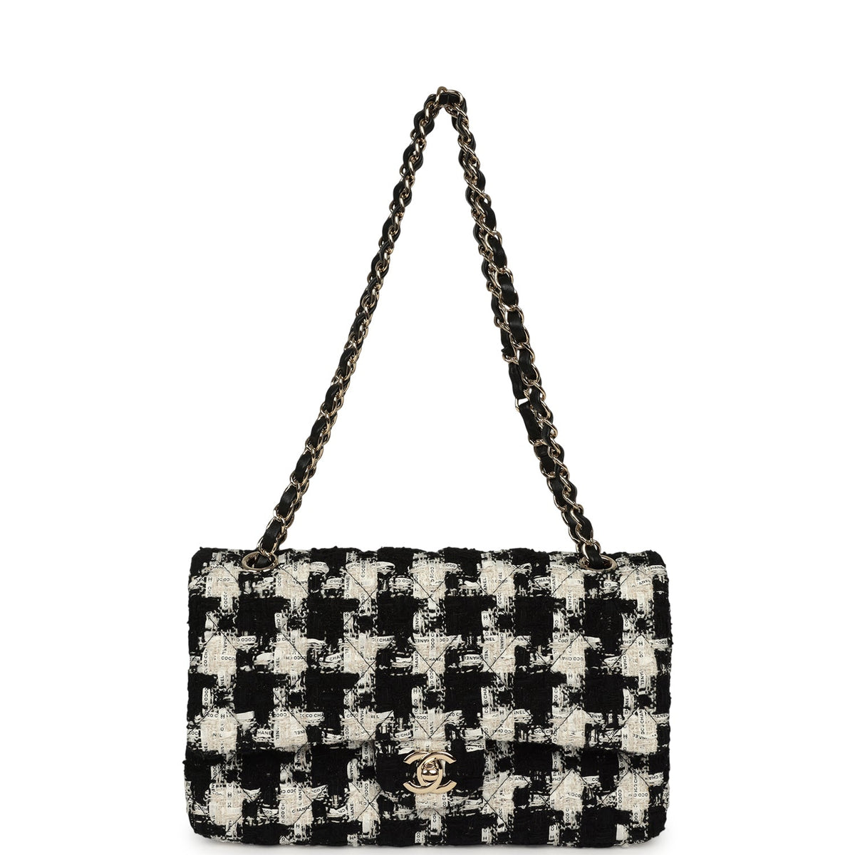 Pre-owned Chanel Medium Classic Double Flap Bag Black, White, Tweed Light Gold Hardware